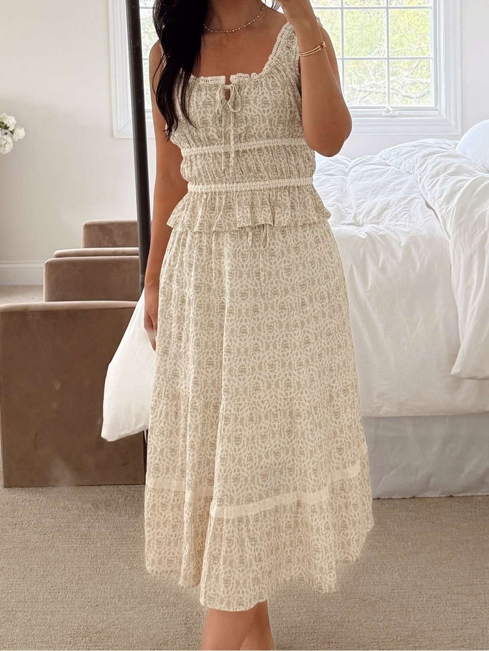 Walmart Light Cream Printed Smocked top and skirt set
